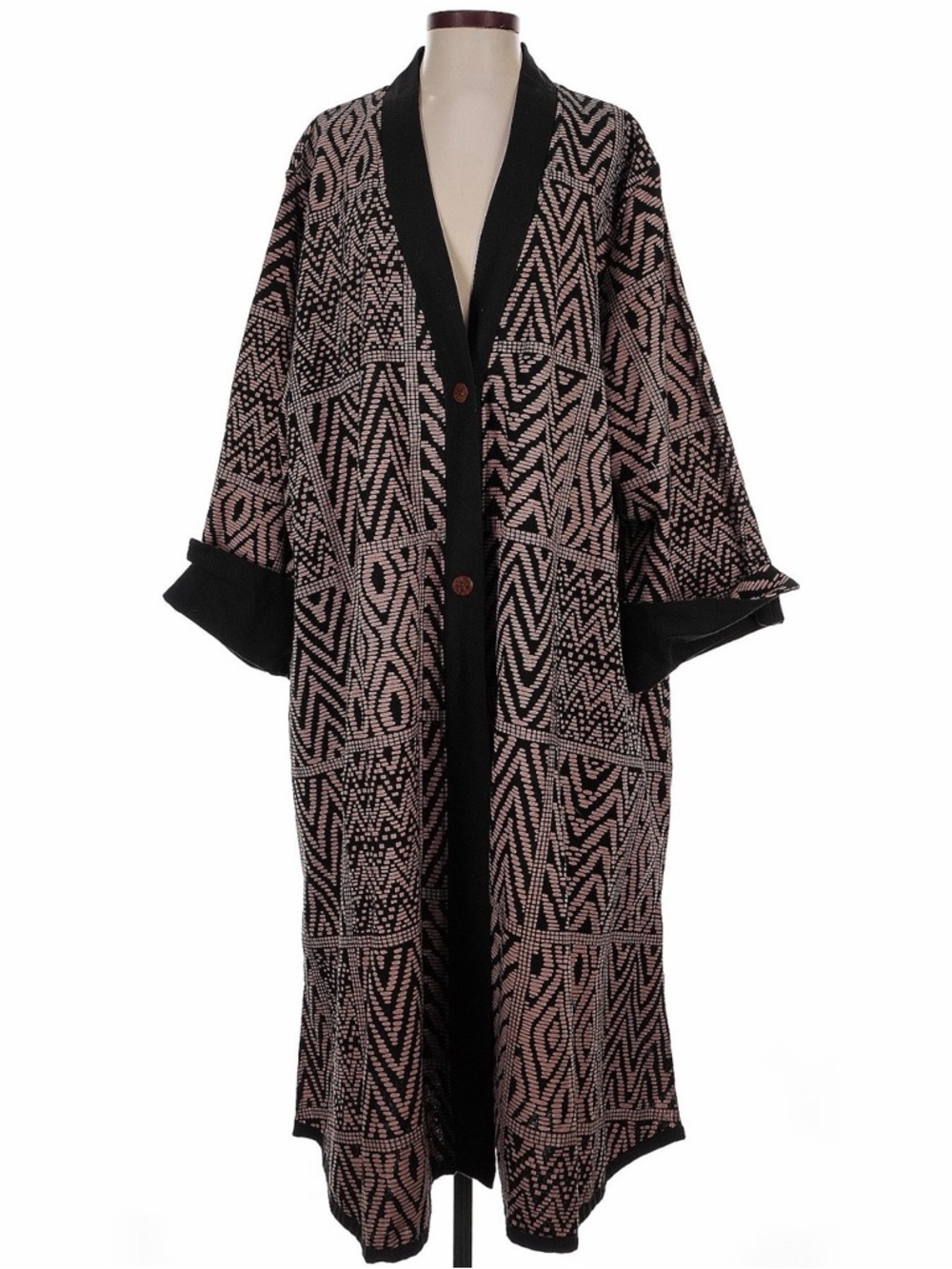 Long Open-Front Geometric Knit Coatigan in Dusty Pink and Black
